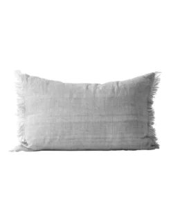 Vintage Linen Fringe Rectangle Cushion In Smoke