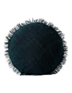 Vintage Linen Fringe 45cm Round Cushion In Slate